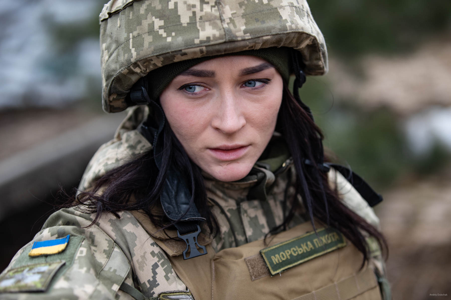 Oleksandra Bessmertnaya, press officer, of the 36th ОМБР of the Marine Corps of Ukraine on the frontline in Shirokine, March 2018.